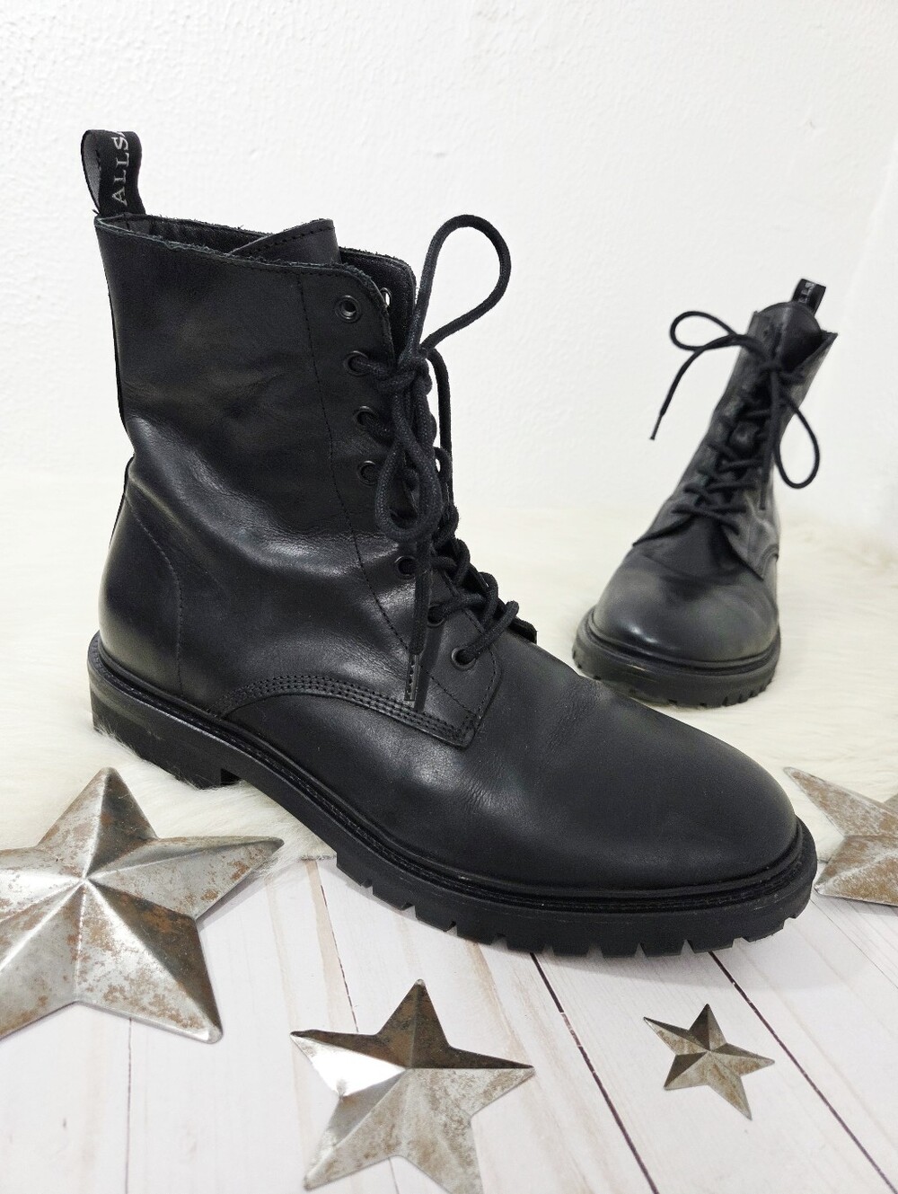 Allsaints Tobias Plain Toe Boot black leather lace up combat men's size 9